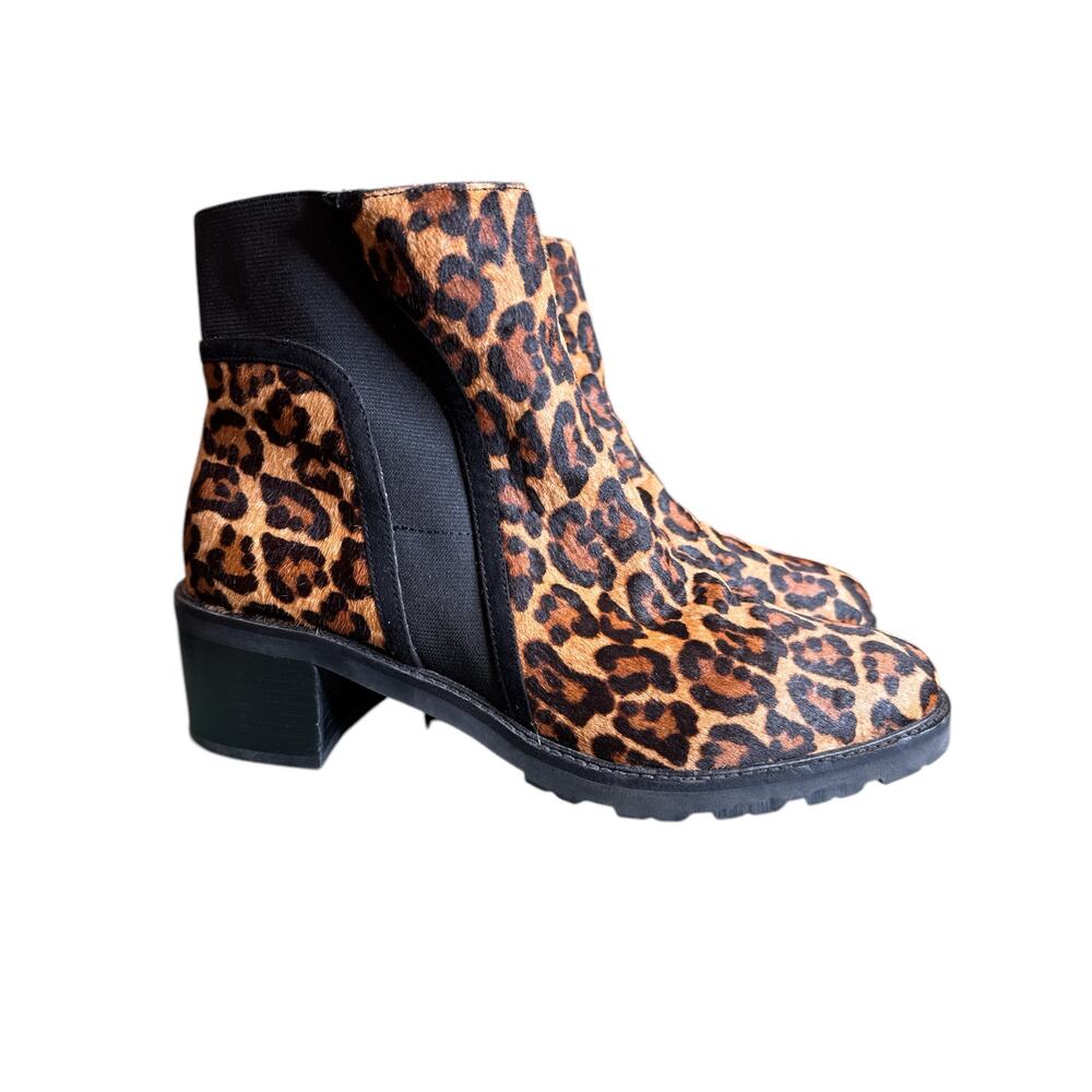 Crown Vintage May Cow Hair Leopard Cheetah Chunky Heel Pull on Bootie Sz 10